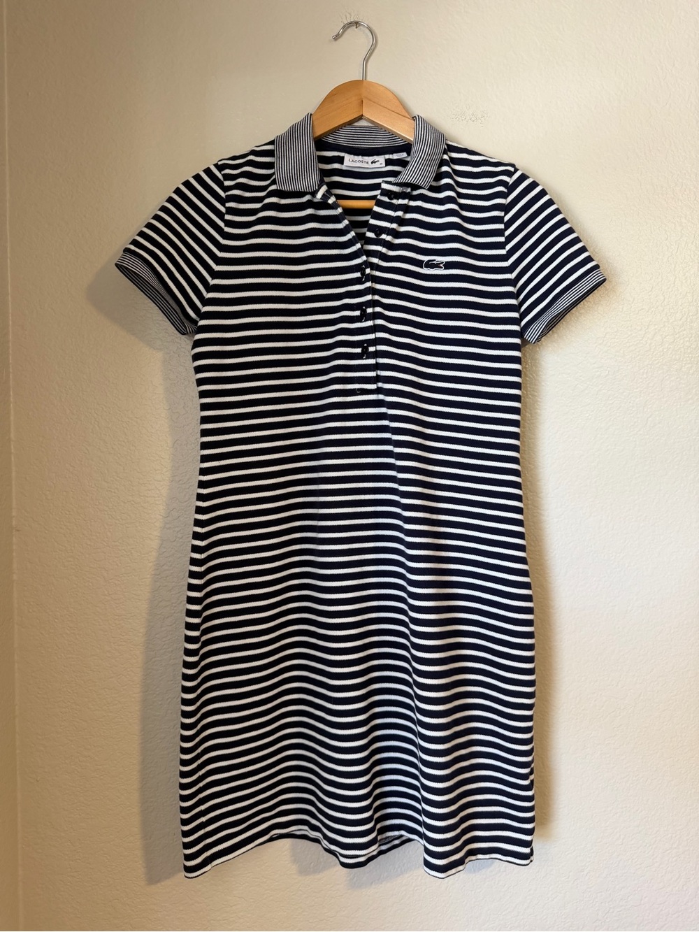 Lacoste Striped Polo Dress EU 40 US 8 Navy White Cotton Preppy Summer Casual - Picture 2 of 9